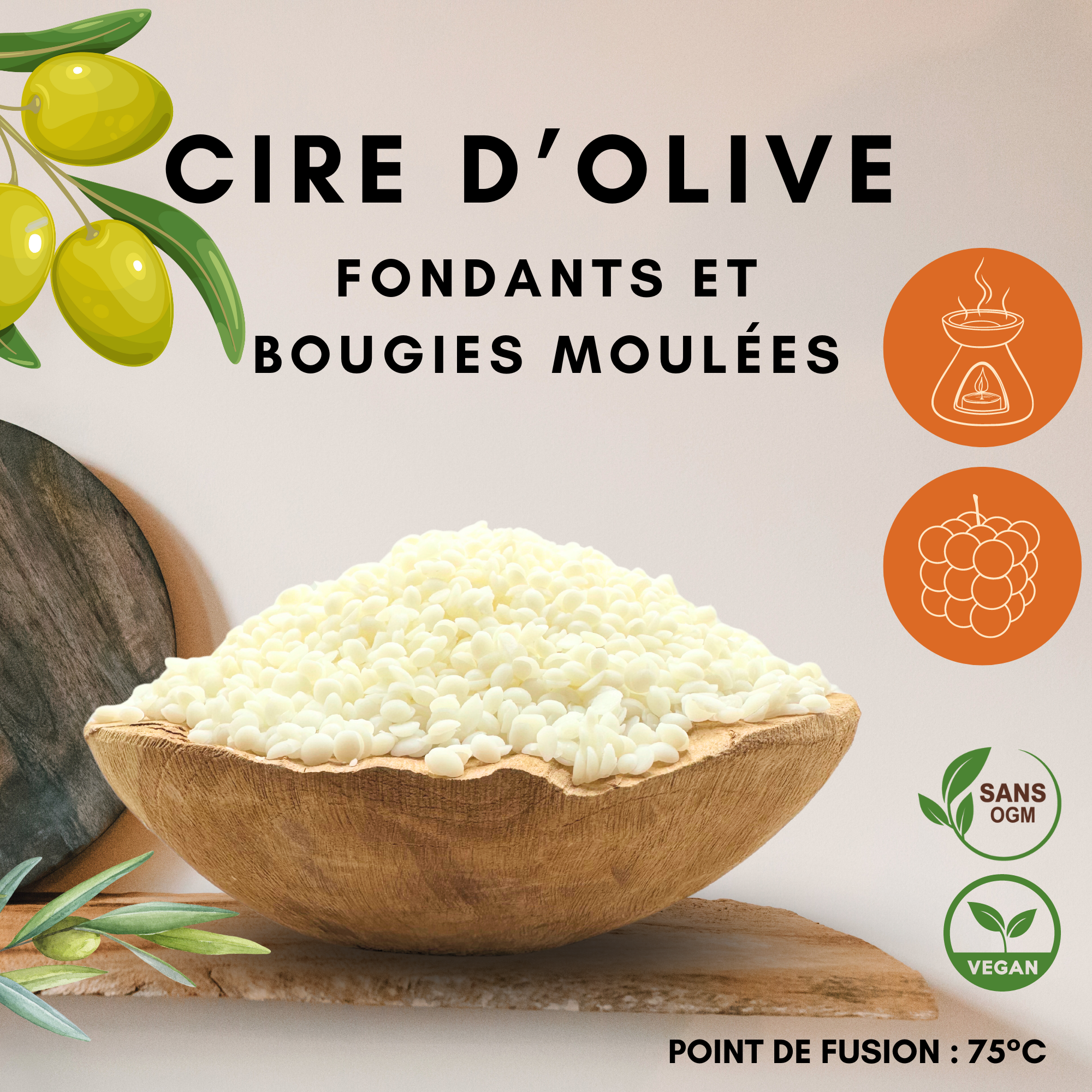 Cire d’olive pour bougies moulées et fondants